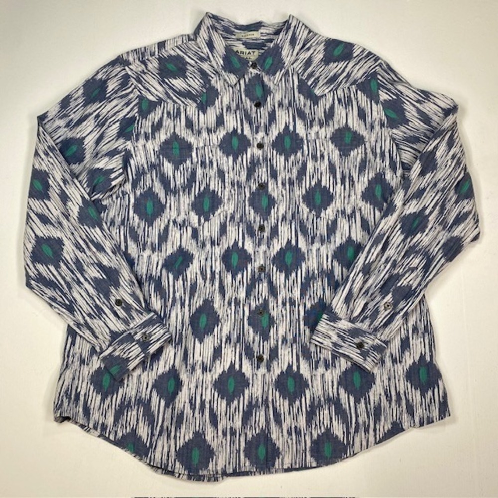 Ariat Real Relaxed Western Shirt Womens XL Blue White Ikat Long Sleeve Button Up